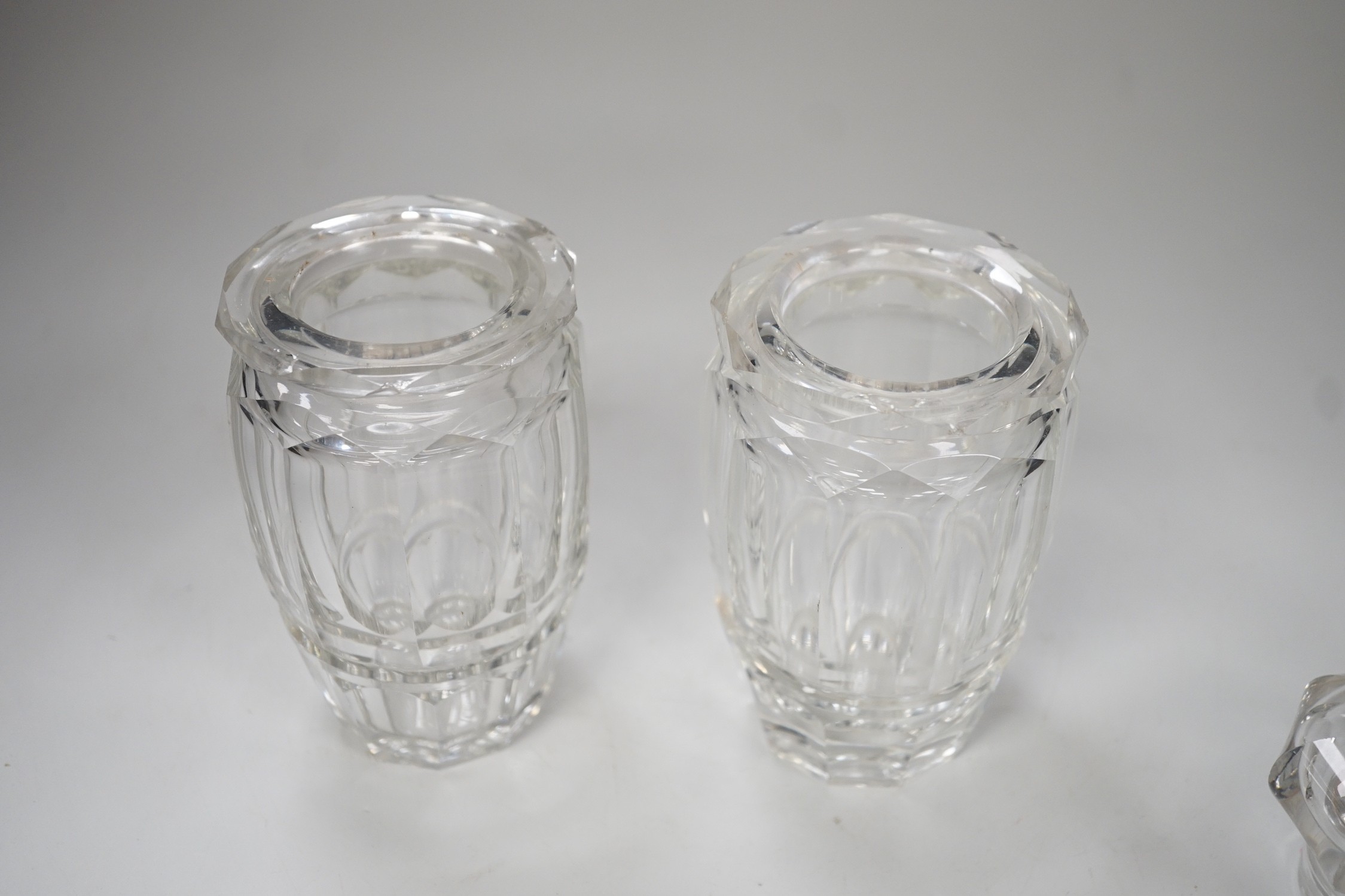 A pair of late 19th century Bohemian panel cut glass pickle jars. 15cm tall
